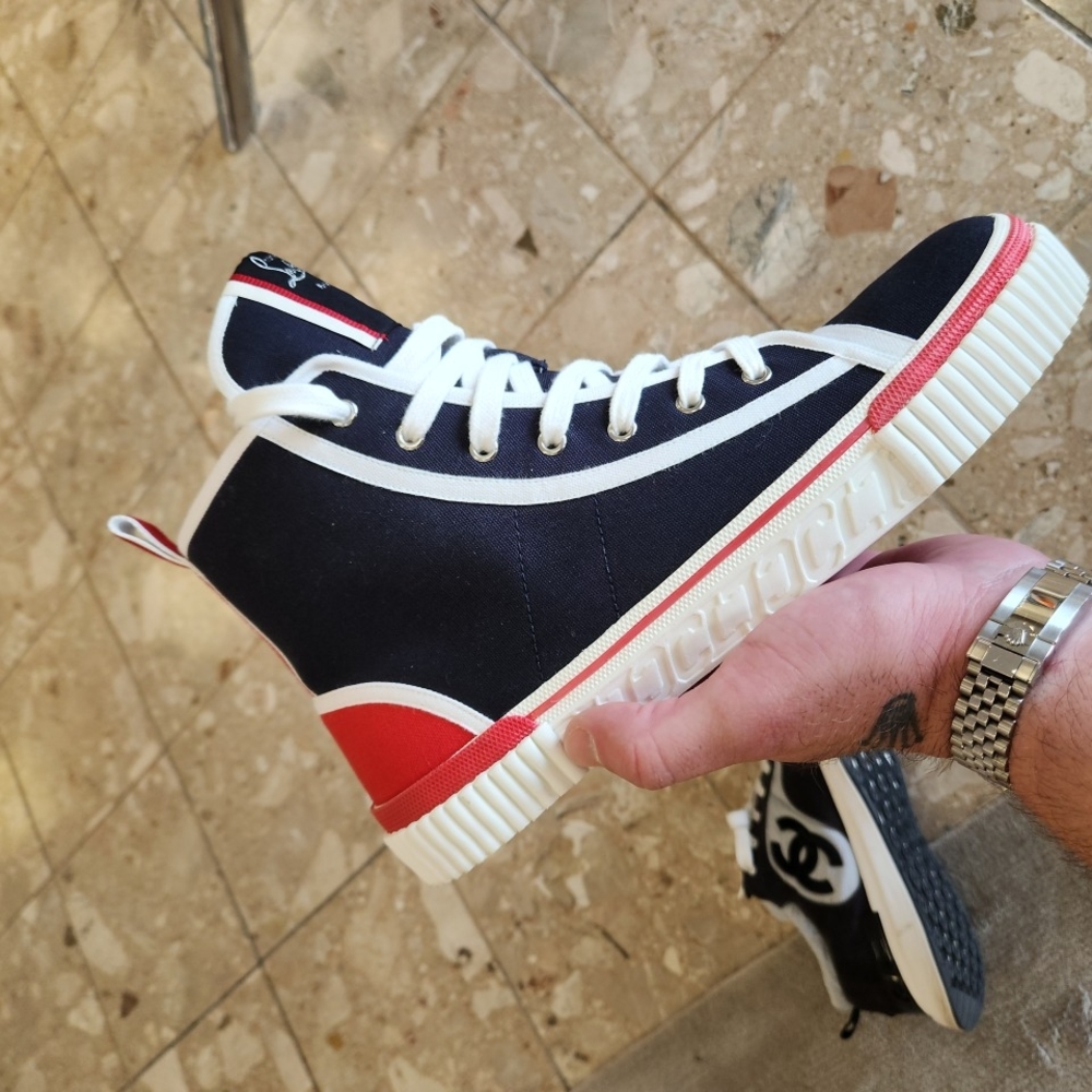 Christian Louboutin Blue and Red High-Top Sneakers